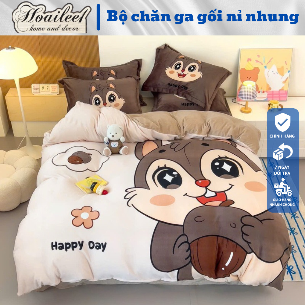 Bộ Chăn Ga Gối Nỉ Nhung 5D Cao Cấp, Chất Liệu Siêu Mềm Mịn, Giữ Ấm Tốt, Không Tích Điện,