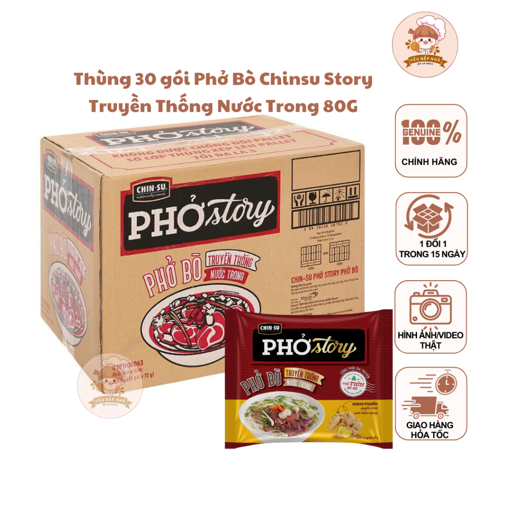 Thùng 30 gói Phở Bò Chinsu Story Truyền Thống Nước Trong 72G