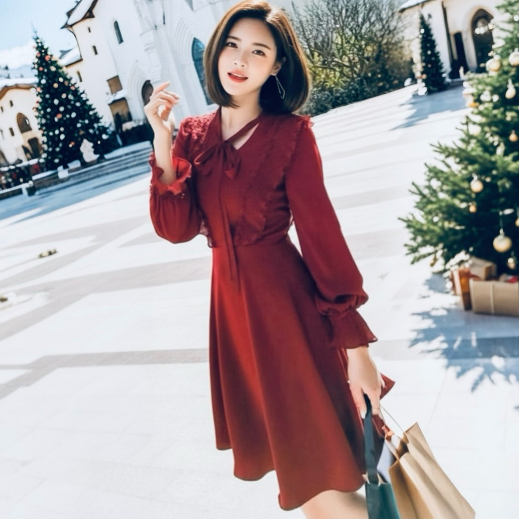 Đầm đỏ tay dài phối dập li, váy noel dạo phố du lịch (kèm hình thật)