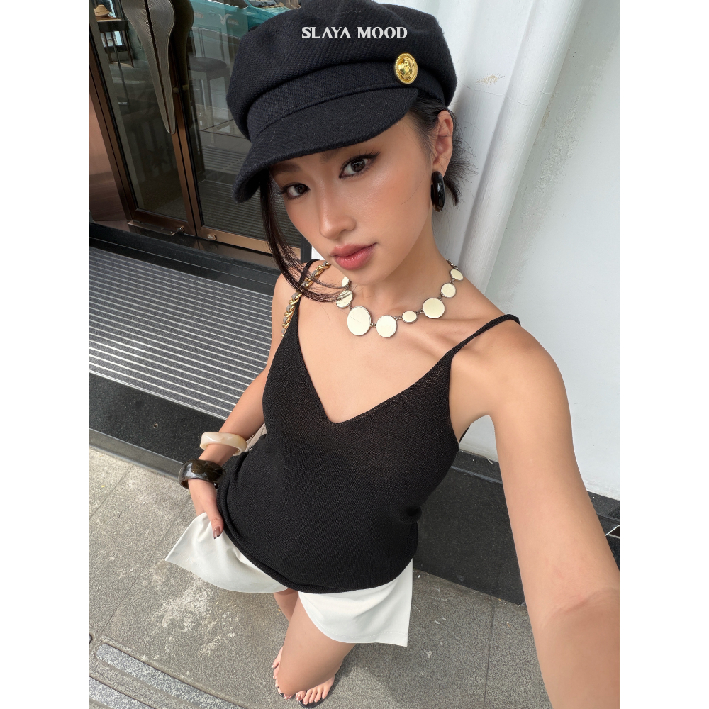 Áo Hai Dây Len Mềm Cổ V Khoét - Noir Camisole Top - SLAYA MOOD