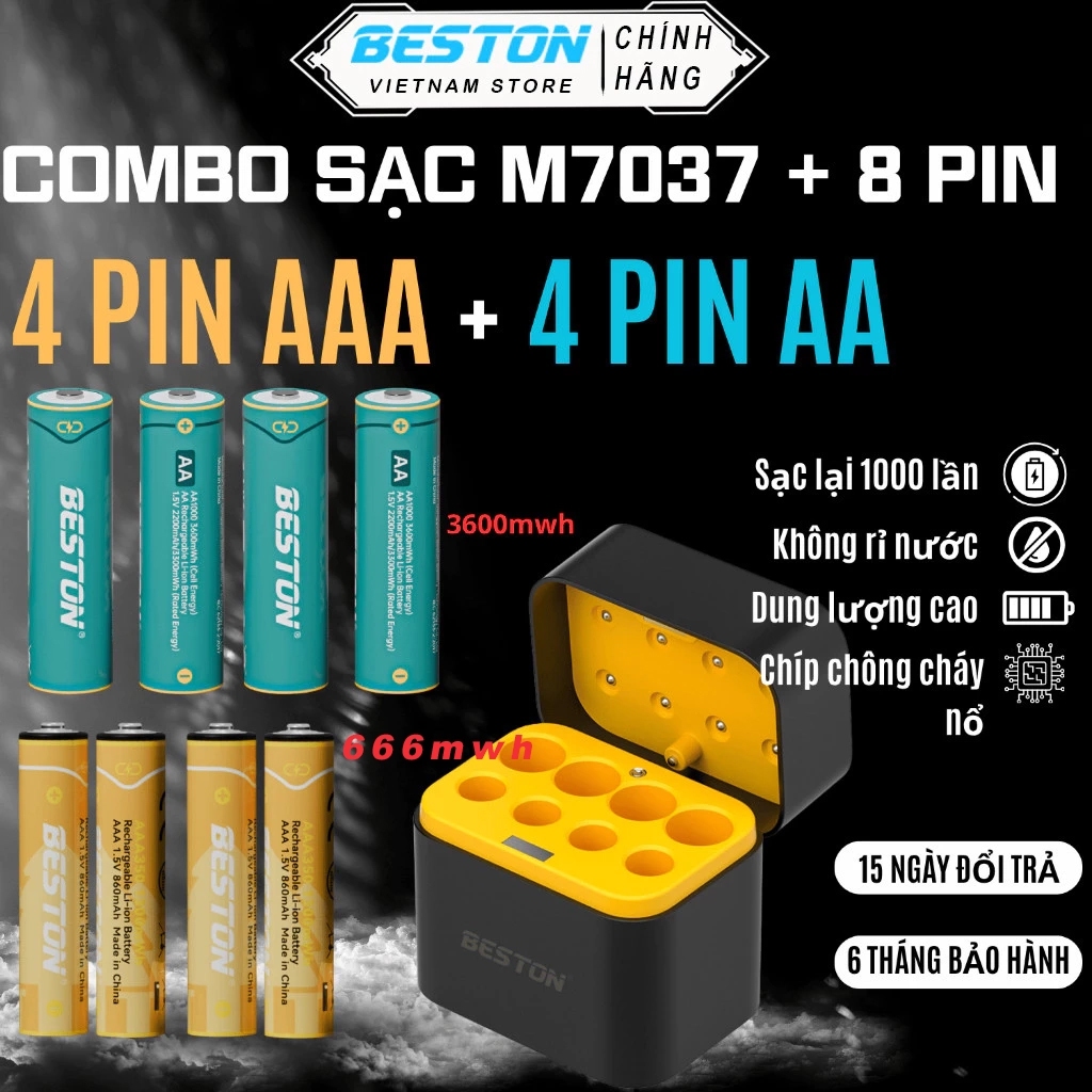 Hộp sạc pin AA/AAA 1.5V, 8 slot, USB-C, sạc pin đồ chơi.