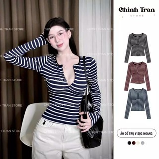   MỞ BÁN  Áo Thun Nữ Cổ Trụ Sẻ V Tay Dài Kẻ Sọc Ngang Basic Sexy - Chinh Trần Store  Áo Trễ Vai Nữ Dài Tay Phối Ren 