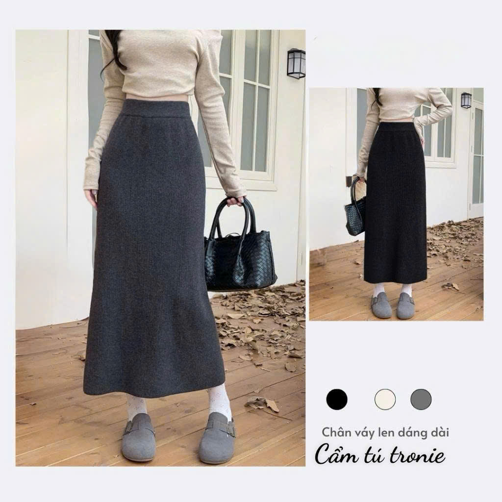 Chân Váy Len Lông Thỏ Đúc Xẻ Sau Dài 88cm Chân Váy Len Dáng Dài Chân Váy Nỉ Len Cạp Chun Xẻ Tà Sau P