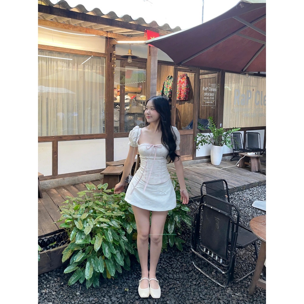ÁO CORSET NƠ HỒNG TAY BỒNG - Hàng 2 lớp, có sẵn mút ngực, có size SML ( A112 ) | BigBuy360 - bigbuy360.vn