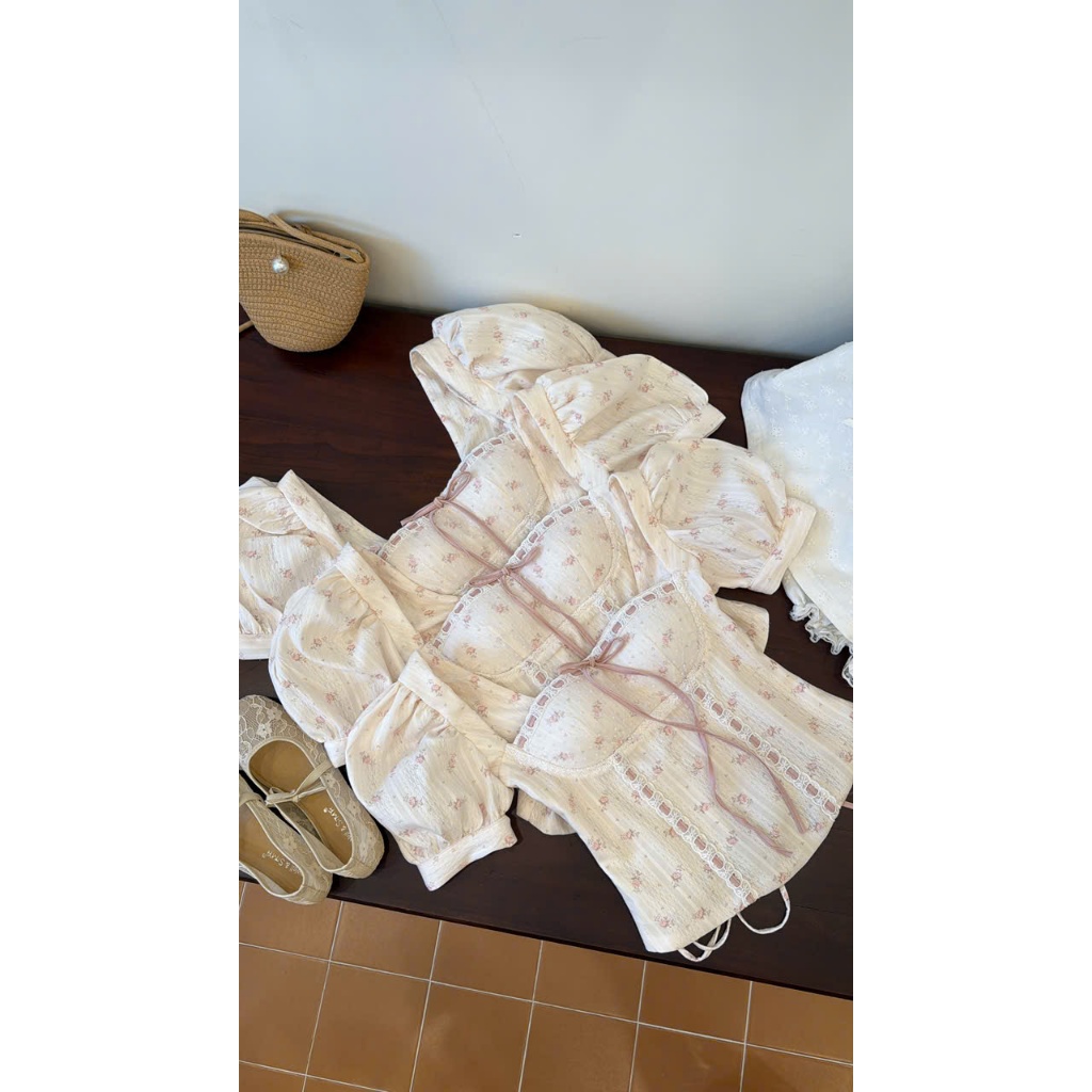 ÁO CORSET NƠ HỒNG TAY BỒNG - Hàng 2 lớp, có sẵn mút ngực, có size SML ( A112 ) | BigBuy360 - bigbuy360.vn