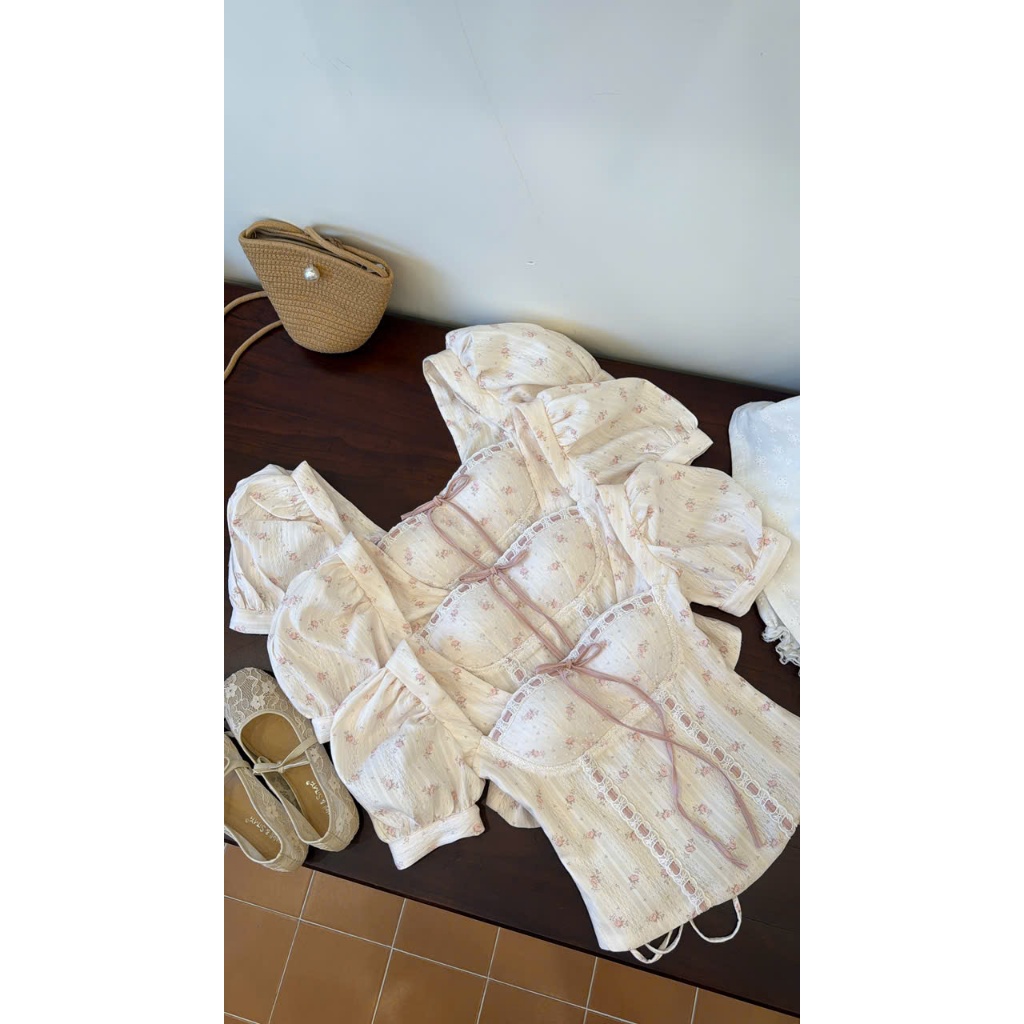 ÁO CORSET NƠ HỒNG TAY BỒNG - Hàng 2 lớp, có sẵn mút ngực, có size SML ( A112 ) | BigBuy360 - bigbuy360.vn