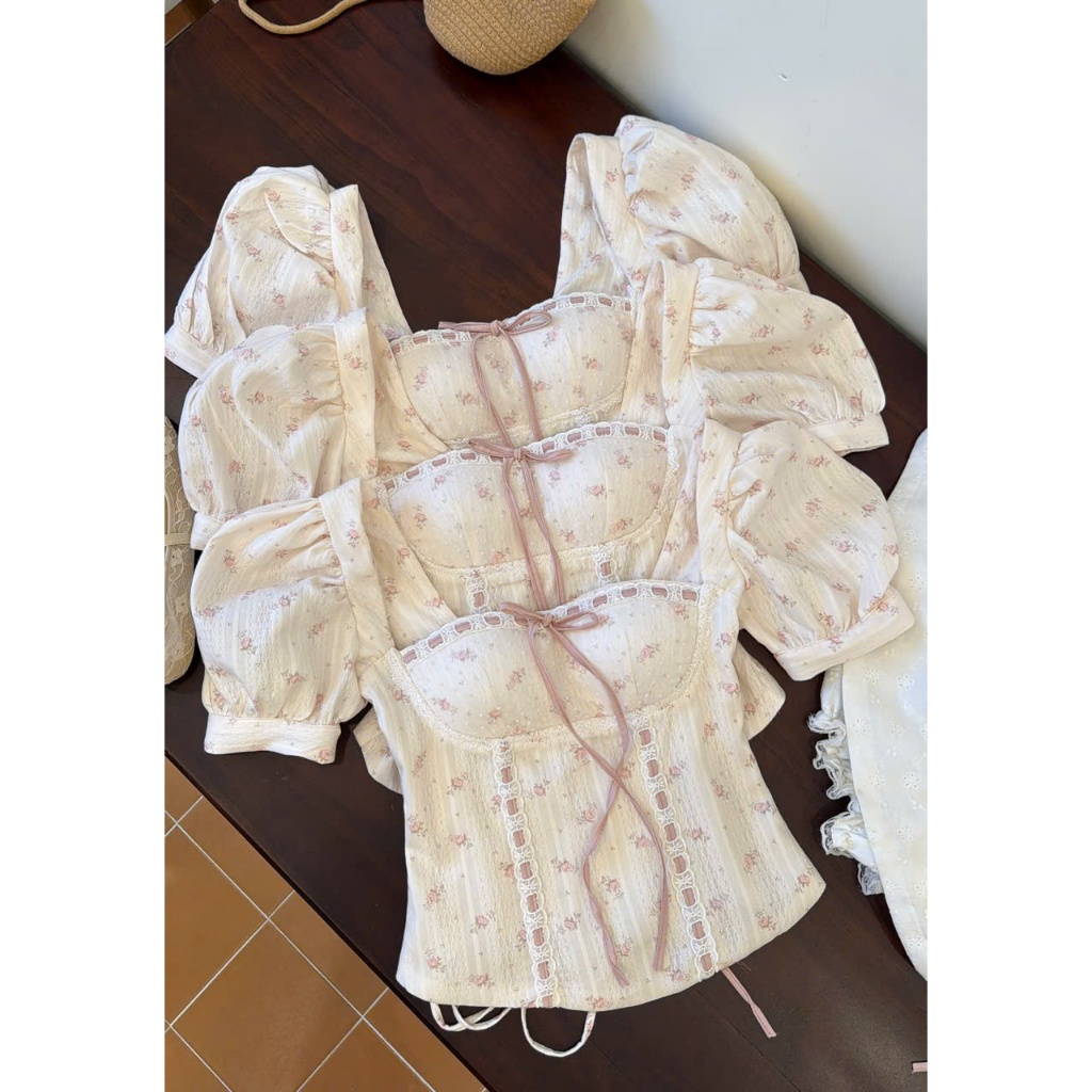 ÁO CORSET NƠ HỒNG TAY BỒNG - Hàng 2 lớp, có sẵn mút ngực, có size SML ( A112 ) | BigBuy360 - bigbuy360.vn