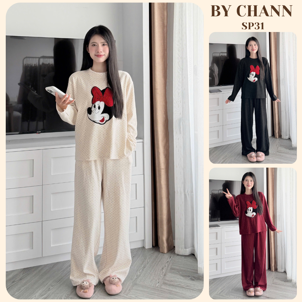 Set Bộ BY CHANN (SP31) Chuột MK, họa tiết chấm bi, áo dài quần dài, chất liệu lông thỏ co giãn, mặc 