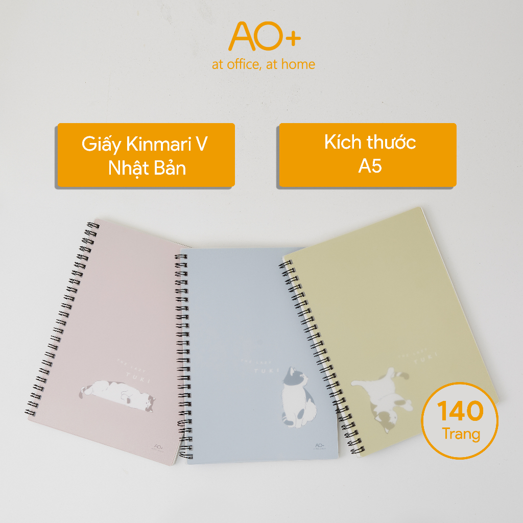 Sổ tay hoạ tiết mèo Tuki, A5, Bìa nhựa, 140 trang gáy lò xo, thương hiệu AO+