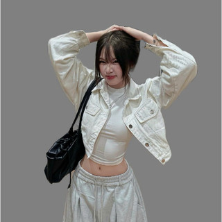  TIENSTYLE - Áo Khoác Jean Nữ Cổ Bẻ Phom Lửng Tay rộng cánh dơi Áo bò tay rộng trơn màu nắp túi 