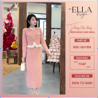  Sét váy dạ thiết kế dáng bút chì phối hoa nổi set váy thiết kế dáng dài xẻ tà ELLA Design - B52 