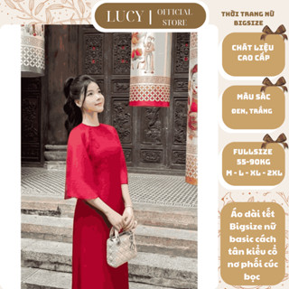  Áo dài tết Bigsize nữ basic cách tân kiểu cổ nơ phối cúc bọc kèm quần 50-90kg - LUCY Bigsize  226  
