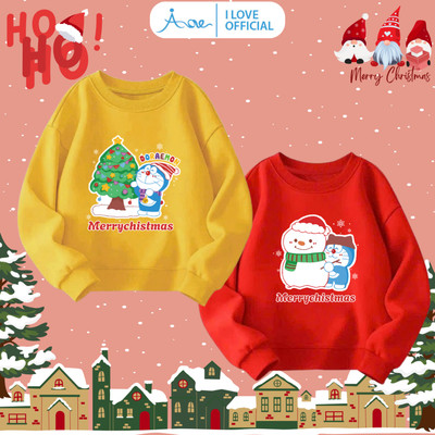 [HÀNG MỚI VỀ] AORE Áo SWEATER Noel, Áo nỉ dài tay cổ tròn in Doraemon Giáng Sinh chất nỉ da cá bé trai, bé gái 10-34kg