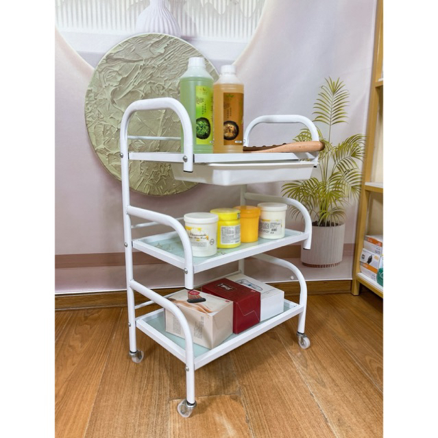 Xe đẩy spa 3 tầng mặt kính có hoa văn 81*31*52cm | Xe đẩy để đồ spa