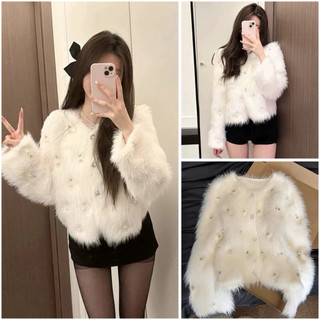 Áo khoác len nữ len lông mềm khuy cúc đính ngọc màu trắng tiểu thư sang chảnh đính ngọc hàng QC