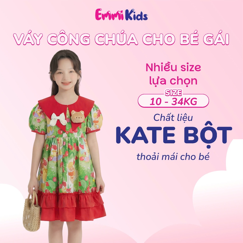 Váy công chúa bé gái EMMIKIDS B87, đầm xòe chất kate bột, họa tiết đáng yêu, mặc noel và hằng ngày n