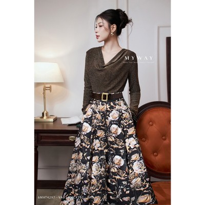 Áo Thun Nữ Dài Tay MY WAY Cổ Đổ Dệt Kim Tuyến Sang Chảnh 6MAT4297
