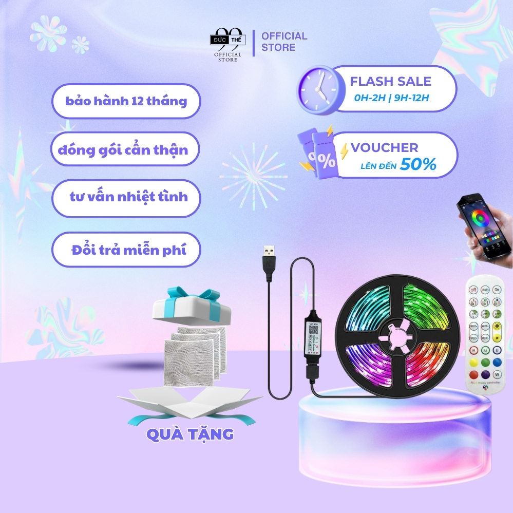 Đèn dây led RGB 10M 10M trang trí decor phòng, decor bàn gaming, có chế độ nháy theo nhạc điều chỉnh