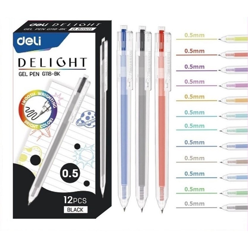 Hộp 12 bút gel bấm nhiều màu 0.5mm Deli G118 / EG 118 xinh xắn nhanh khô viết đều trơn ruột S206