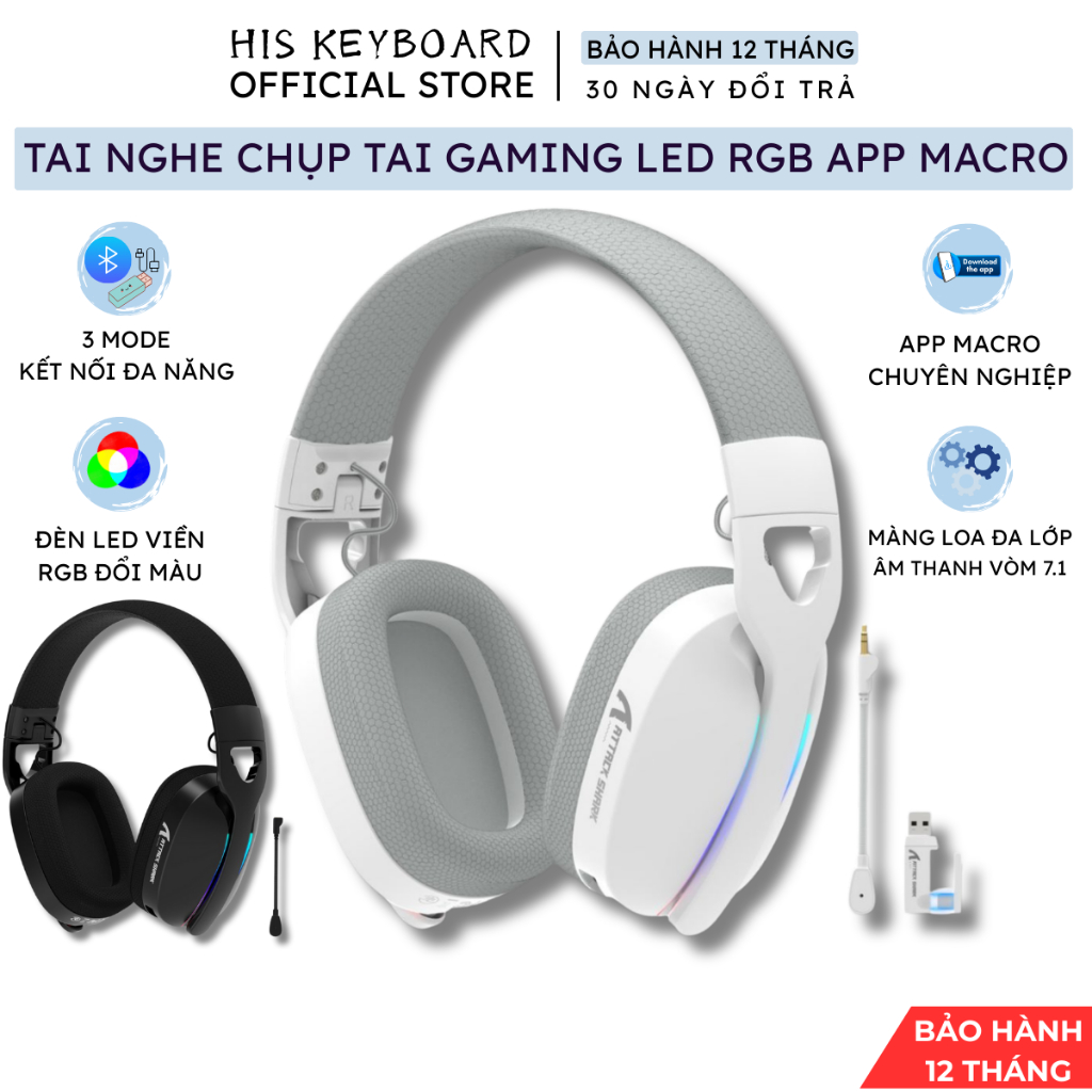 Tai Nghe Chơi Game Attack Shark L90 Kết Nối 3 Chế Độ Pin Sạc Âm Thanh Vòm 8D Mic 360° Lọc Ồn RGB