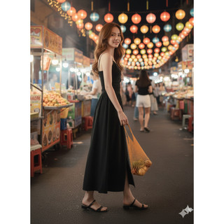 [HỎA TỐC HCM] Đầm maxi xòe 2 dây nhún xẻ tà