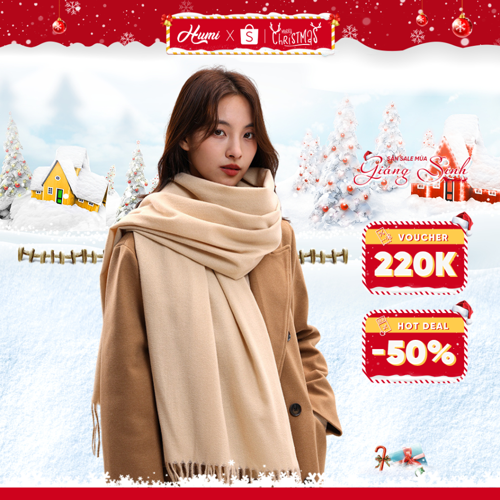 Khăn quàng cổ HUMI choàng cổ len nữ lông cừu cashmere giữ ấm mùa đông bảng to dày đa dạng màu sắc