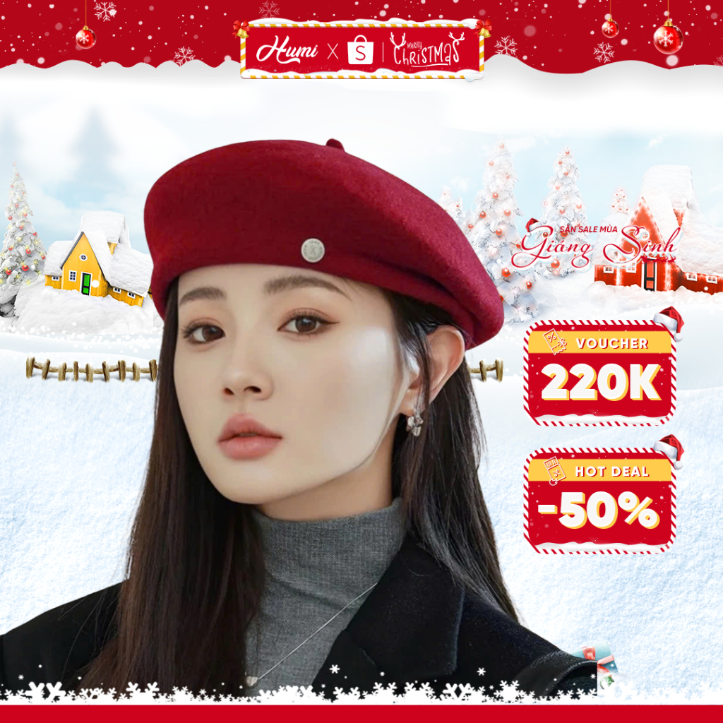 Mũ nồi nữ HUMI nón beret dạ cao cấp Hàn Quốc đội lệch kiểu dáng thanh lịch cổ điển có dây rút