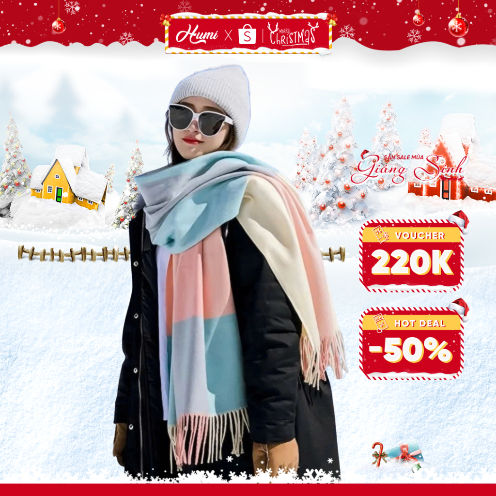 Khăn choàng cổ HUMI quàng cổ len nữ mùa đông cao cấp to dài mềm mịn ấp áp họa tiết caro dễ phối đồ