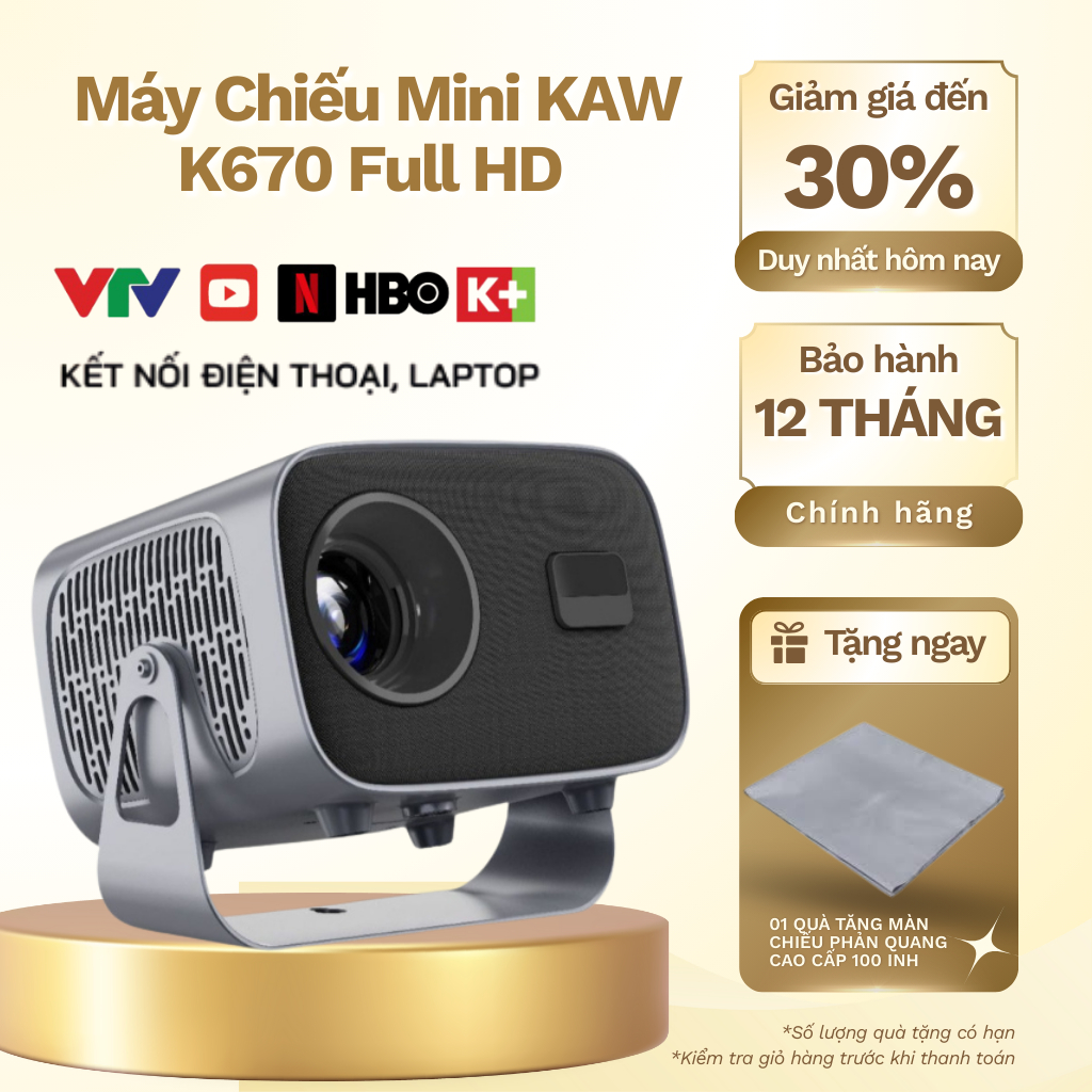 Máy chiếu mini KAW K670 hỗ trợ xem video 4K kết nối wifi, loa bluetooth - Bảo hành 12 tháng