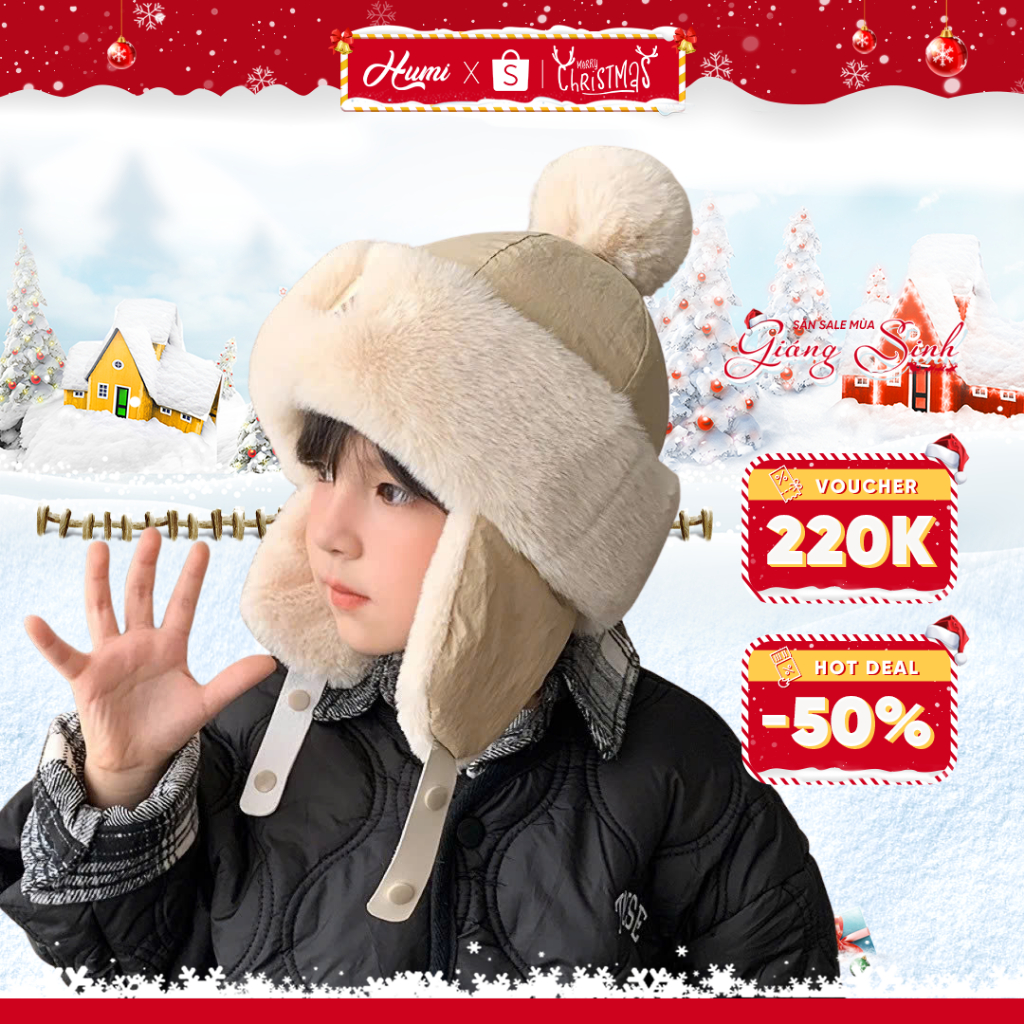 Mũ len cho bé HUMI giữ ấm mùa đông bé trai bé gái 3 đến 10 tuổi chất len cao cấp thiết kế dễ thương