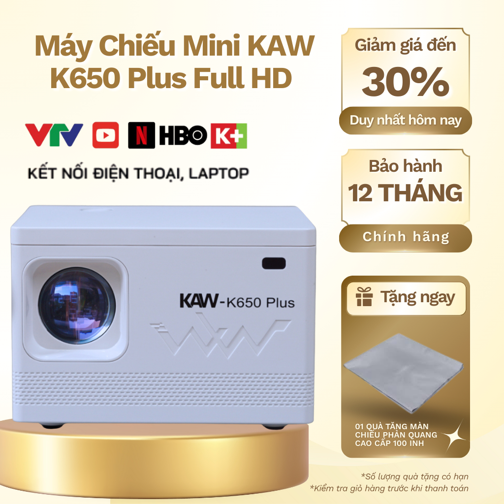 Máy chiếu tai nhà Kaw K650 Plus - Hàng Chính Hãng, Độ Phân Giải 1080P, Âm Thanh Audio Sắc Nét
