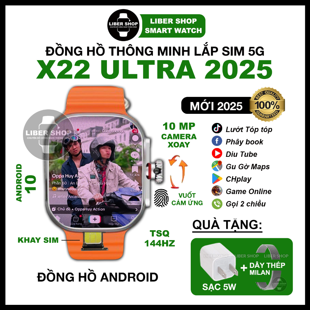 [Ram 8/128GB] Đồng Hồ X22 Ultra 2025 Lắp Sim 5G, Camera 10MP, 144Hz, Wifi, Lướt MXH, Tải App CHplay,