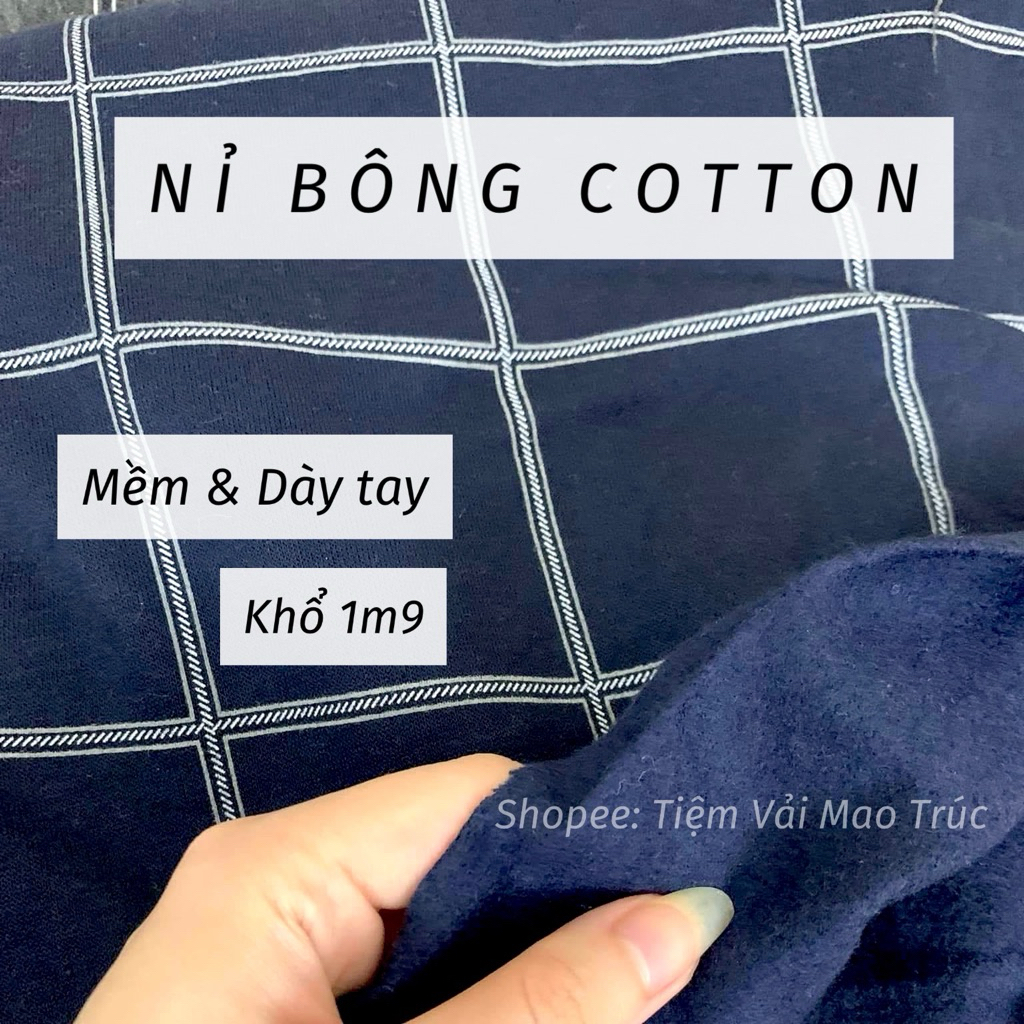 (1m6 x 1m9) Vải nỉ bông dày kẻ ô xanh than khổ rộng 1m9