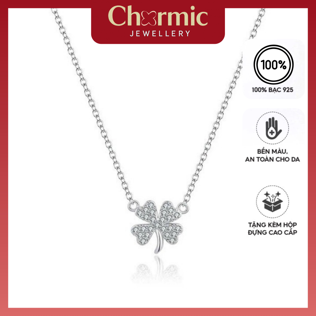 Dây chuyền bạc S925 Chormic, vòng cổ cỏ 4 lá đính đá bạc 925, vòng cổ nữ, trang sức bạc