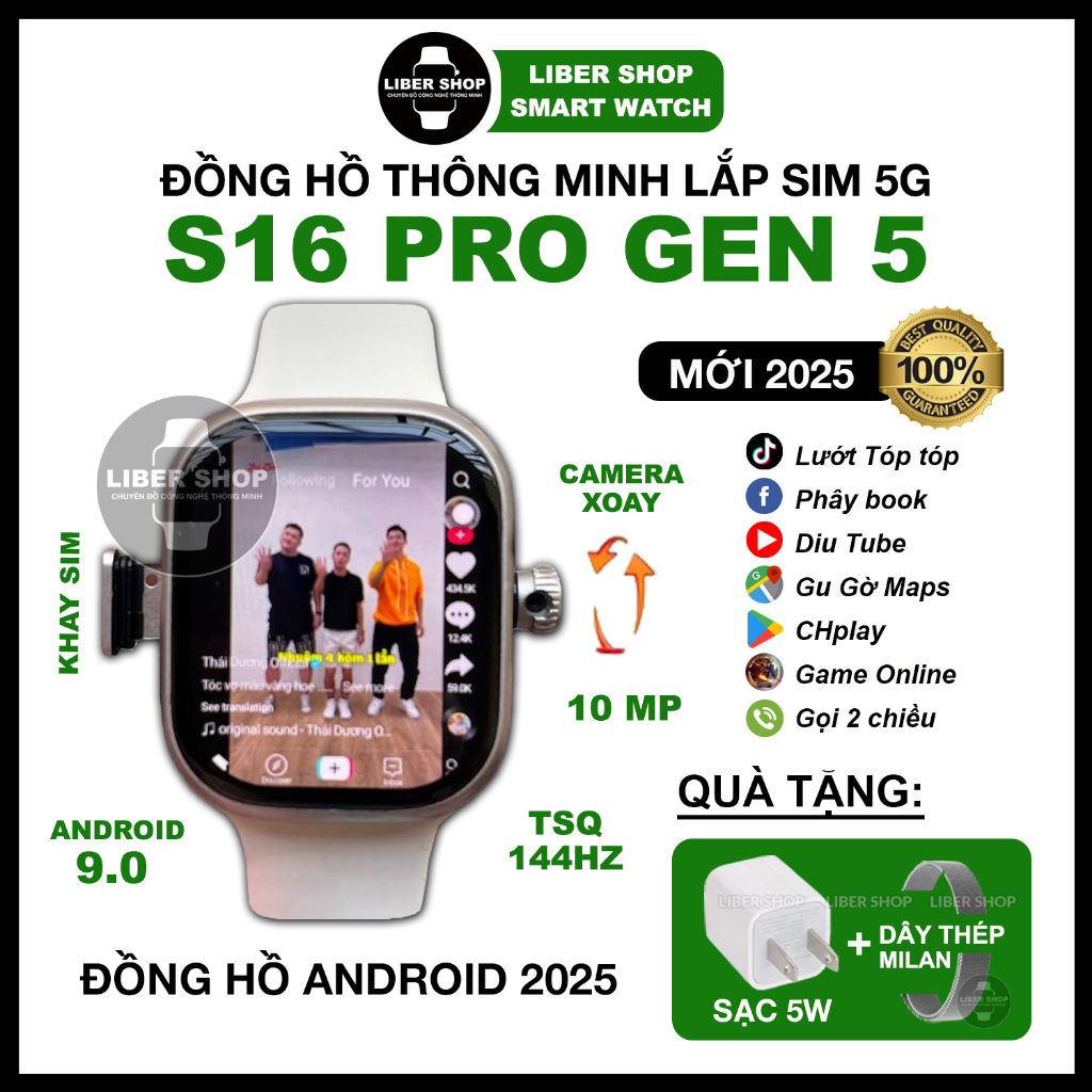Đồng Hồ S16 Pro Gen 5 Lắp Sim 4G/5G 144HZ Wifi, BT 5.0, Chơi Game, Tải App CHplay, TT, FB, ZL, YT, M