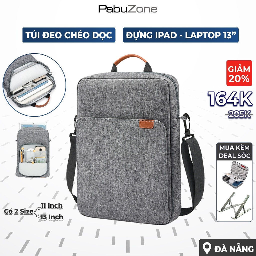 Túi Đeo Chéo Dọc Tablet Dưới 13 inch – Đựng iPad / MacBook / Galaxy Tab, Nhiều Ngăn, Chống Sốc