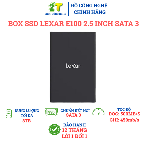 Box ổ cứng SSD/HDD Lexar E100 Sata III gắn SSD 2.5inch, Dung lượng cho ổ 128GB - 8TB, Bảo hành 12 th