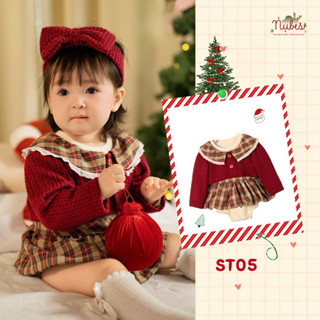   NB25- ST05  Set Romper Noel Bé Gái - KHÔNG KÈM NƠ - Váy Caro Cotton + Áo Len Đỏ Cardigan | Đồ Giáng Sinh Cho Bé 6–12M 
