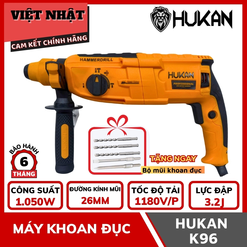 Máy khoan bê tông 3 chức năng Hukan K96, công suất 1050w, nhịp đập 5200v/p, tốc độ không tải 1180v/p