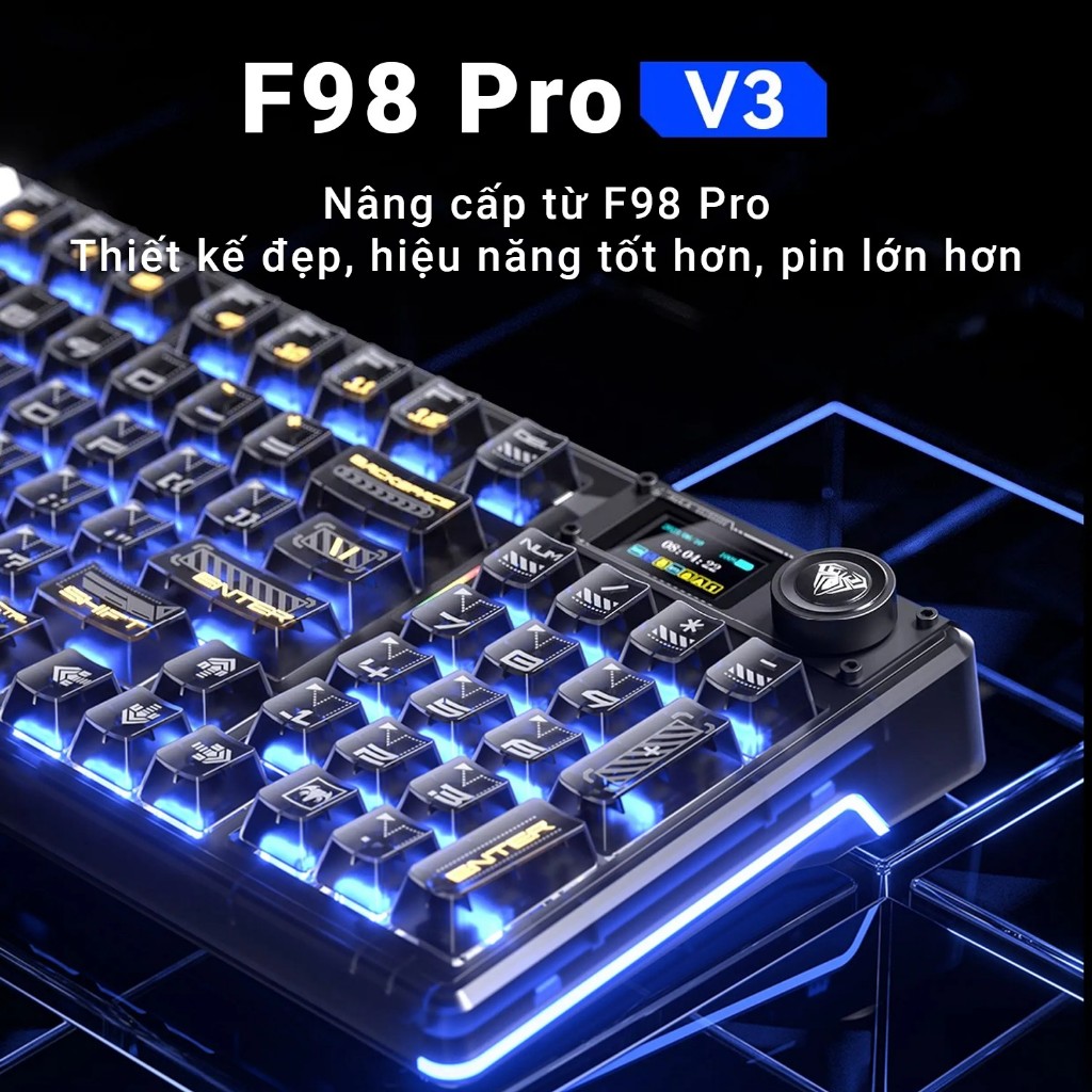 Bàn phím cơ AULA F98 Pro V3 - 3 Mode kết nối - Pin nâng cấp 10,000 mAh - Núm xoay + màn TF - BH 12T