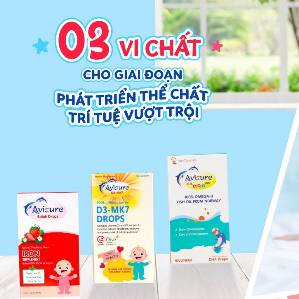 Bộ ba vi chất Avisure nhỏ giọt thiết yếu cho bé - Avisure DHA, sắt Safoli drop, vitamin D3-MK7 avisu