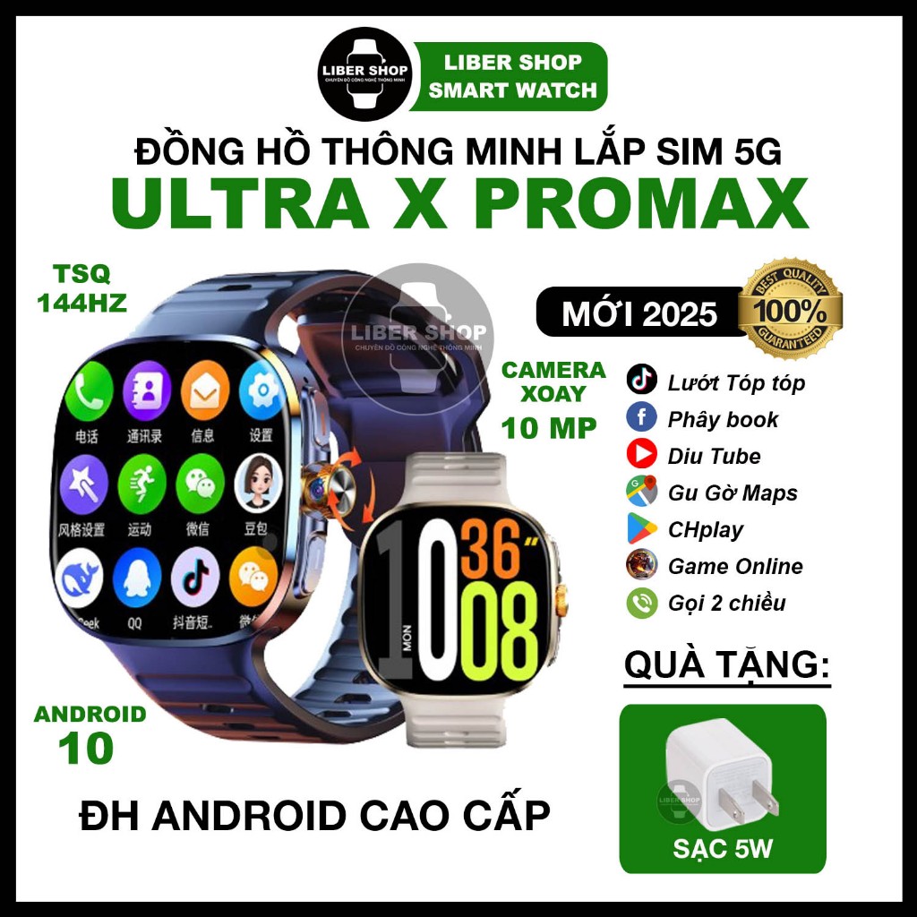 Đồng Hồ Thông Minh Ultra X Promax 2025 2.4" 144hz Lắp Sim 5G, Lướt MXH, Xem Phim, Game, Android 10, 
