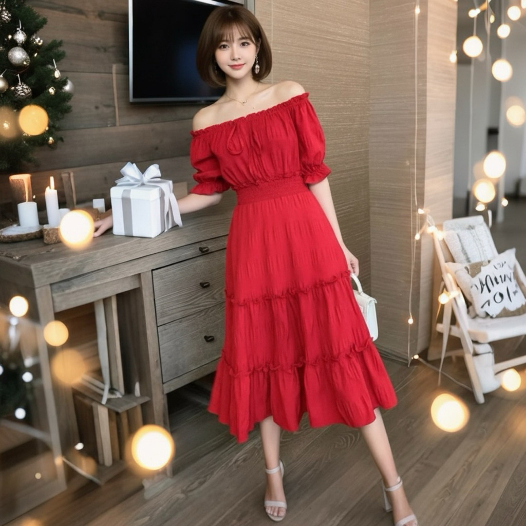 Đầm đỏ tầng trễ vai, váy dự tiệc, dạo phố noel (kèm hình thật)