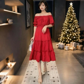 Đầm đỏ tầng trễ vai, váy dự tiệc, dạo phố noel (kèm hình thật)