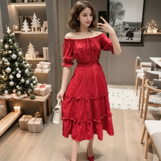 Đầm đỏ tầng trễ vai, váy dự tiệc, dạo phố noel (kèm hình thật)