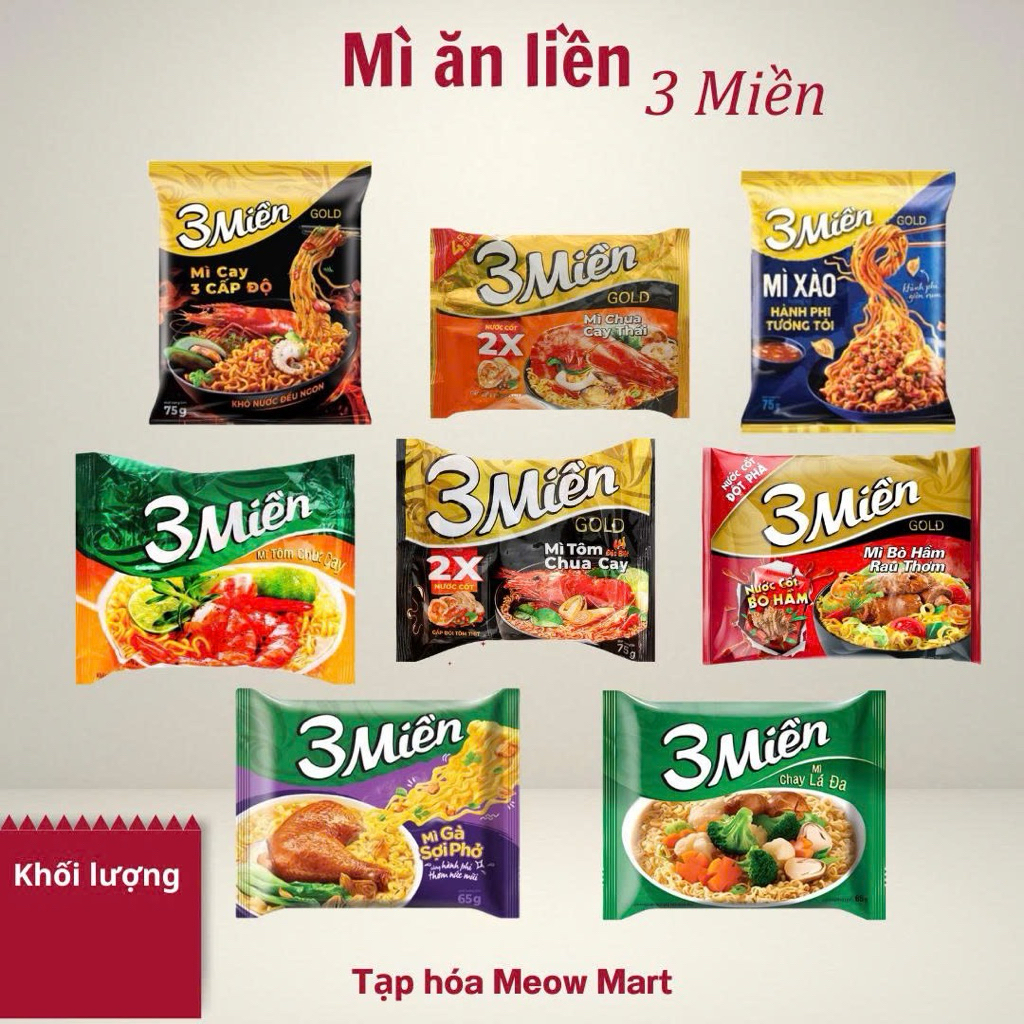 Mì 3 miền, 3 miền Gold, tôm chua cay, mì chay