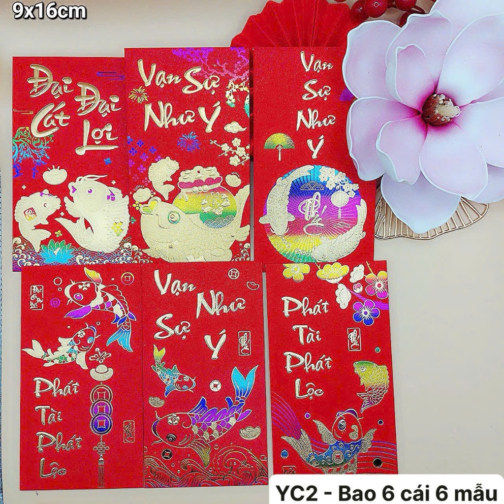 [Set 6 Bao] Bao Lì xì Tết 2026 - Set 6 Cái Lixi Tết Kim Tuyến Ngũ Sắc In kim chữ nổi 3D giá sỉ