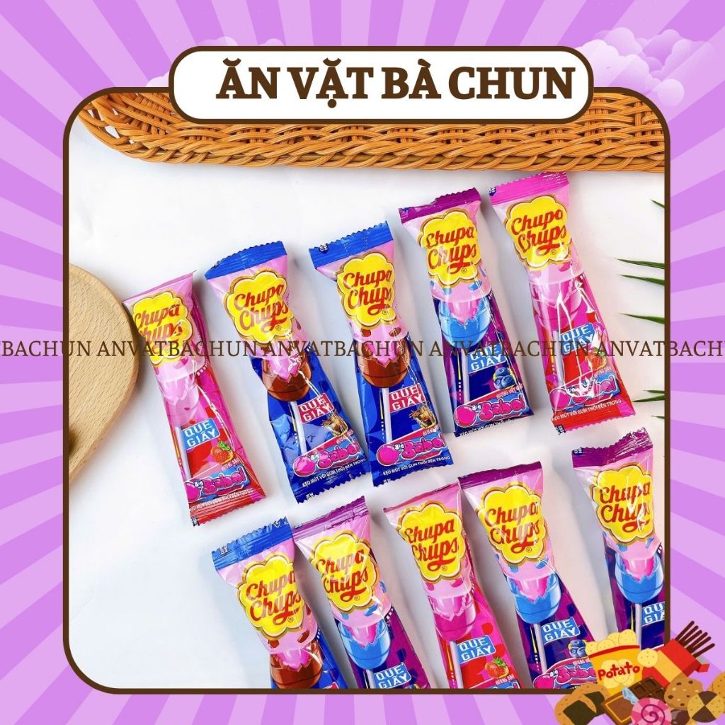 Combo 5 cái Kẹo Mút Chupa Chups Với Gum Thổi Big Babol Bên Trong Hương Cola, Việt Quất, Dâu.