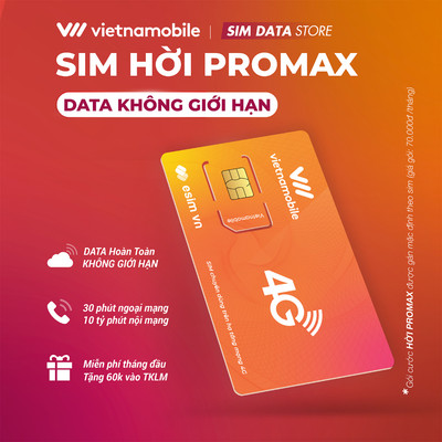 Siêu Sim HỜI PROMAX Vietnamobile DATA KHÔNG GIỚI HẠN + 30 Phút Gọi Ngoại Mạng + Miễn Phí Gọi Nội Mạng. Dùng Theo Khu Vực