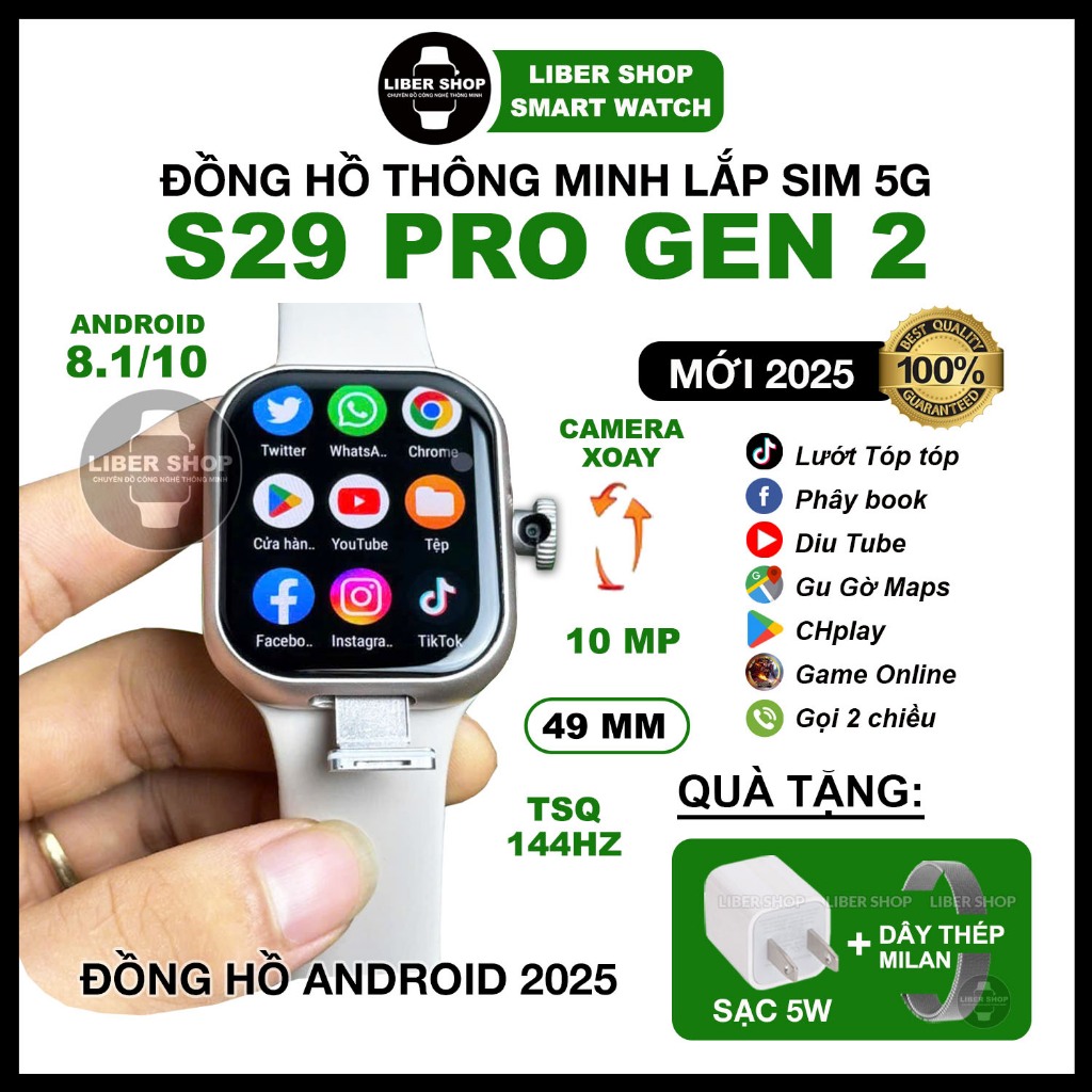 Đồng Hồ Thông Minh S29 Pro Gen 2 2025 Lắp sim 5G, Camera 10MP, Wifi, Lướt MXH, Tải App CHplay, Andro